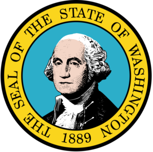 Seal of the State of Washington. A yellow circle with the black text that says "The Seal of the State of Washington" along with the year 1889, all surrounding an artistic rendering of George Washington's head and shoulders.