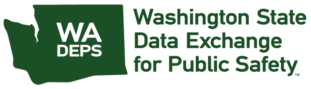 Full logo for WADEPS: a solid dark green outline of the state of Washington with the letters W-A-D-E-P-S inside the shape in white, and the words "Washington State Data Exchange for Public Safety" in dark green on the right.